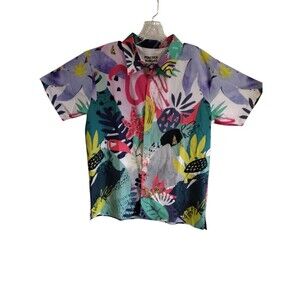 Peacock Sleeves Floral Beach Camp Hawaiian Button Up Shirt Mens Size Medium